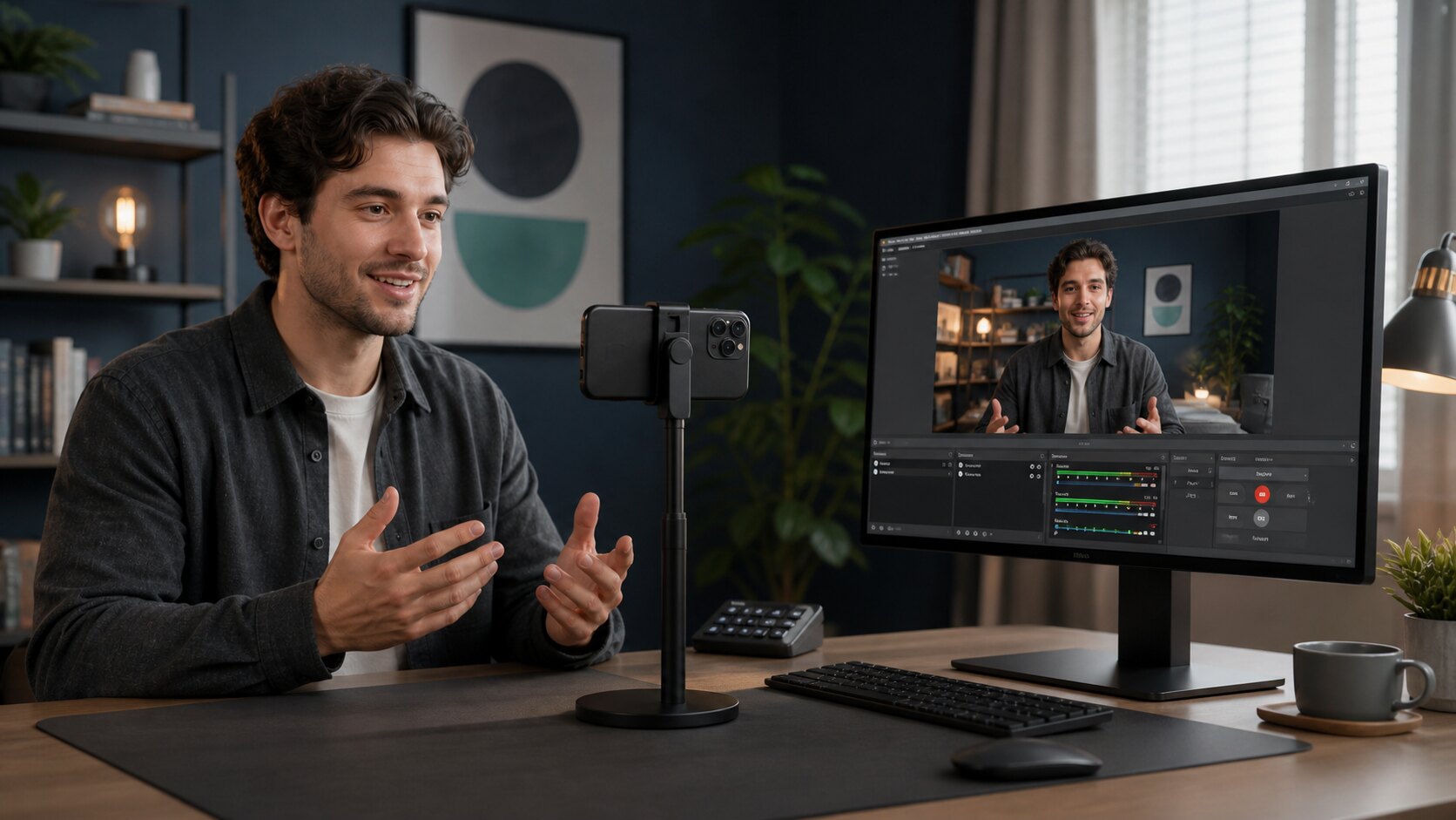 A creator filmed by a phone while OBS receives the matching live feed on the computer